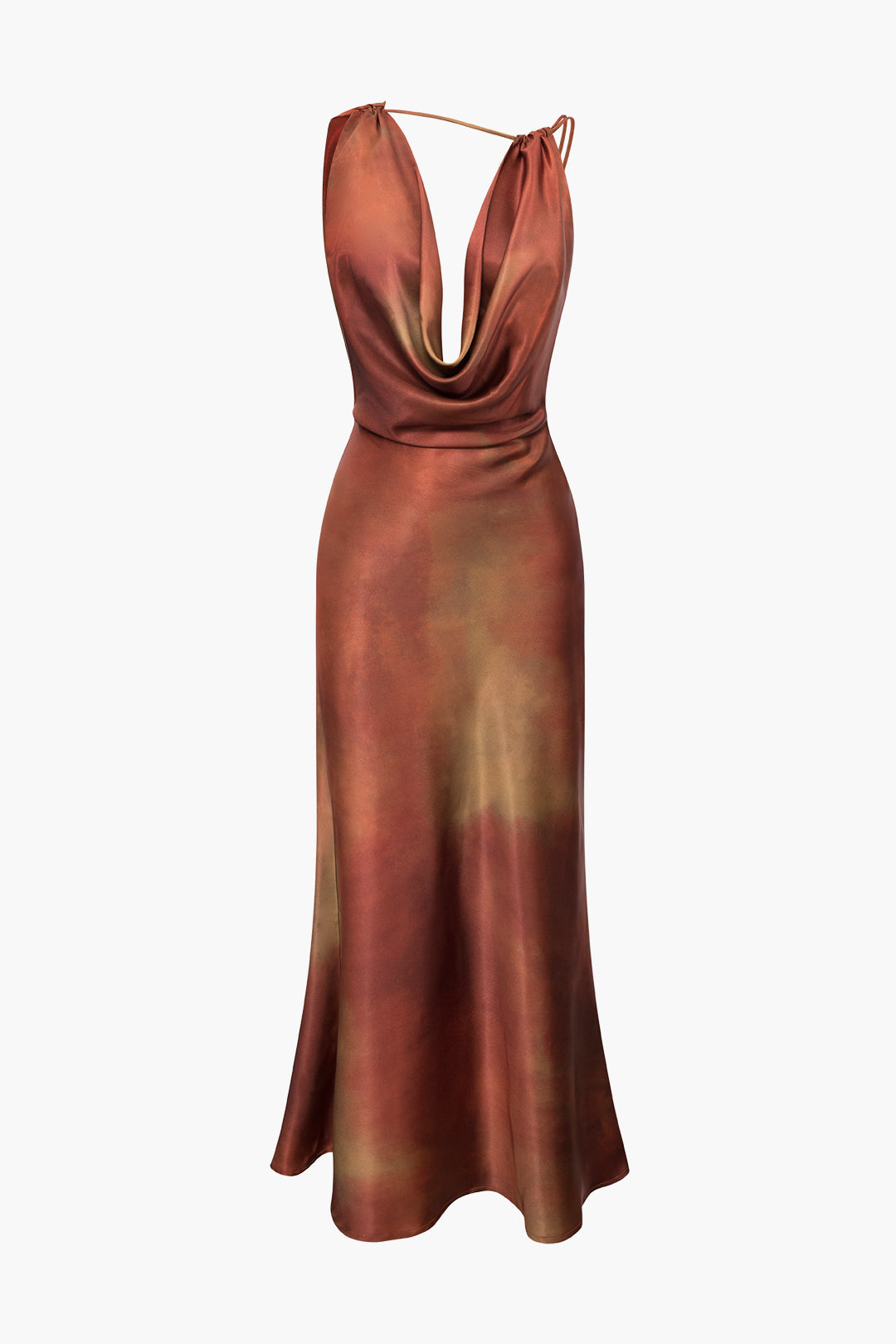Robe longue asymétrique en satin à col bénitier et tie-dye