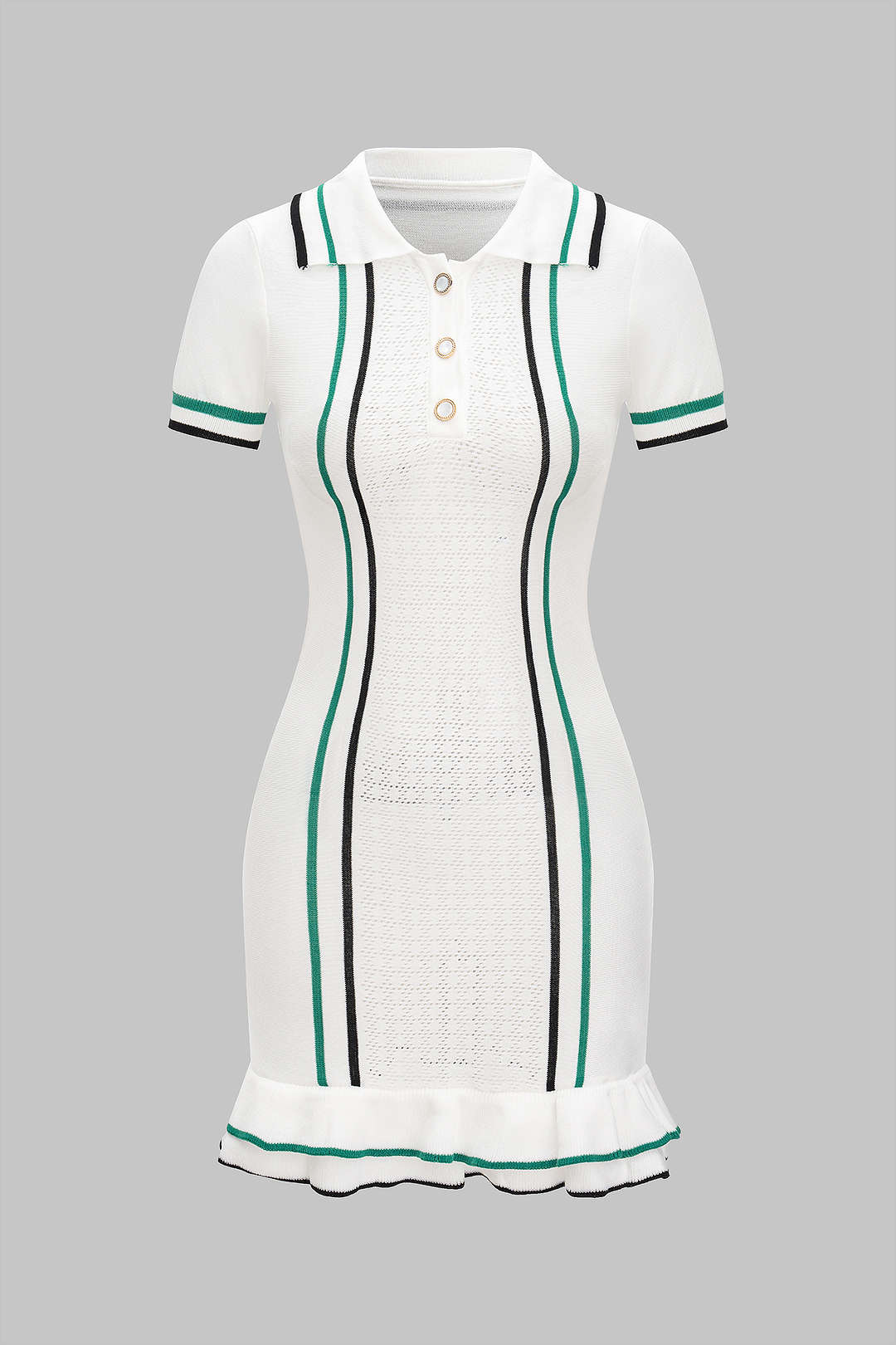 Open Knit Contrast Button Ruffle Short Sleeve Mini Dress