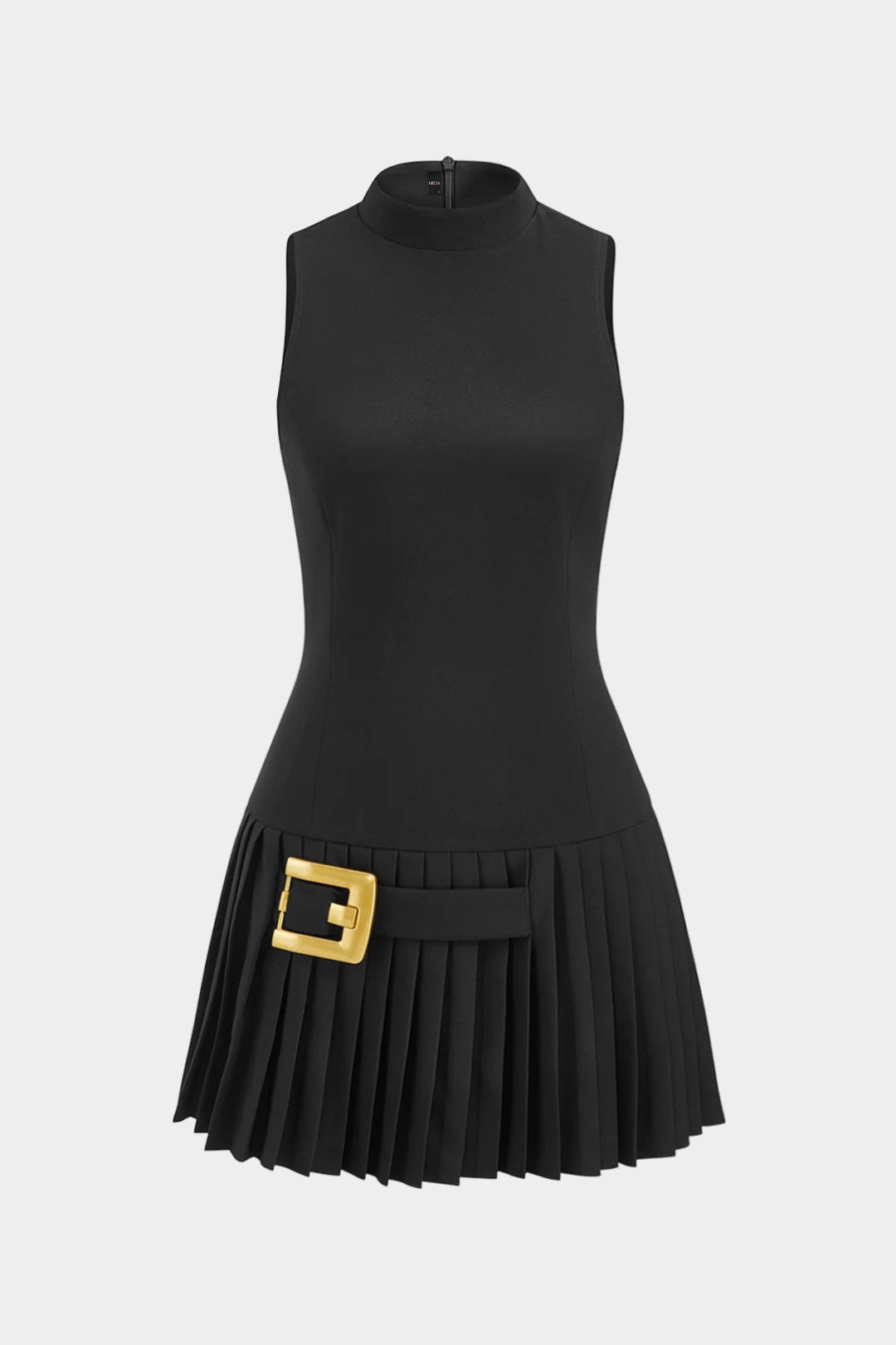 Mock Neck Pleated Belted Sleeveless Mini Dress