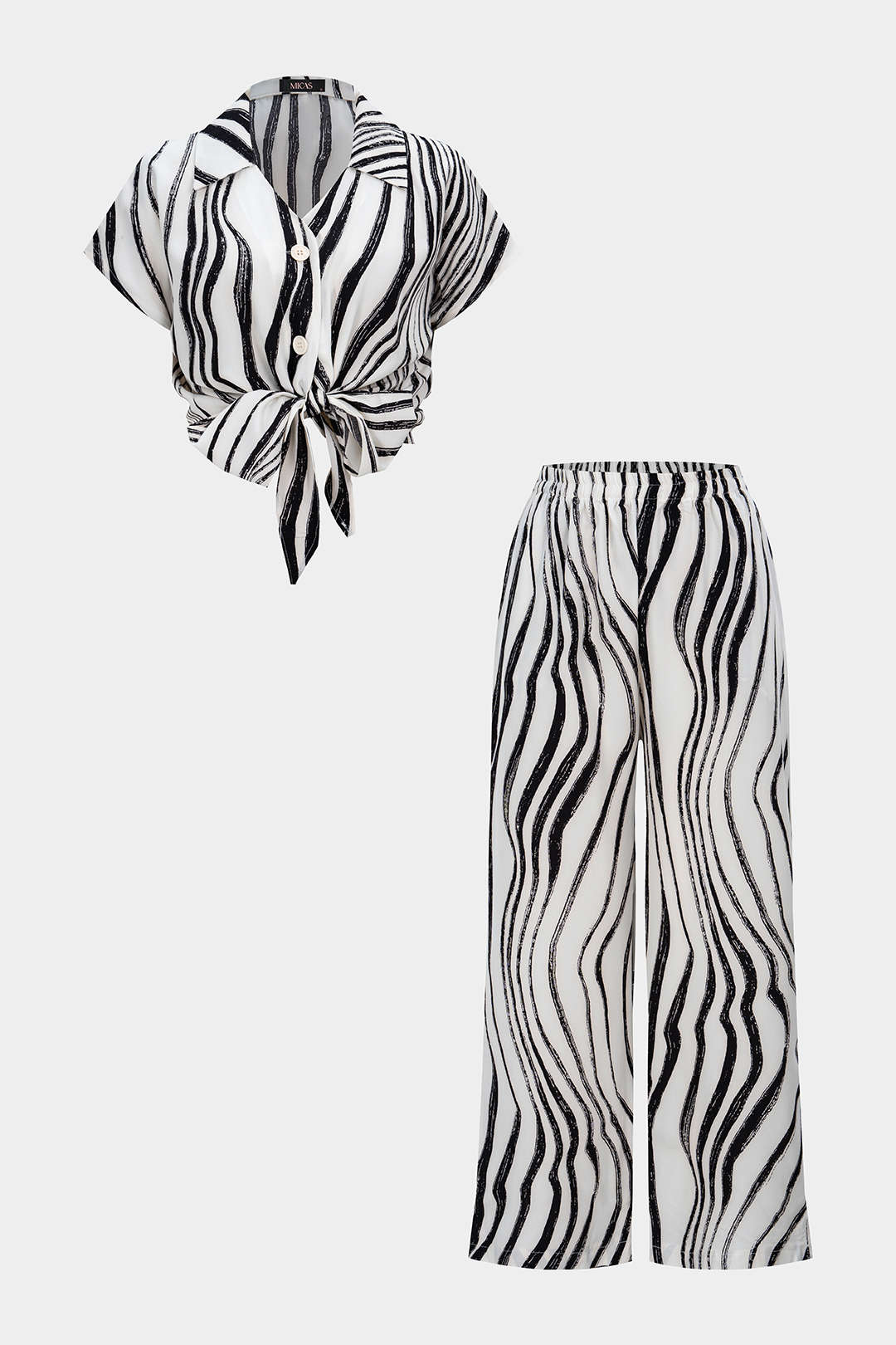 Kontraststreifen-Print-Hemd mit Knöpfen und weite Hose Set