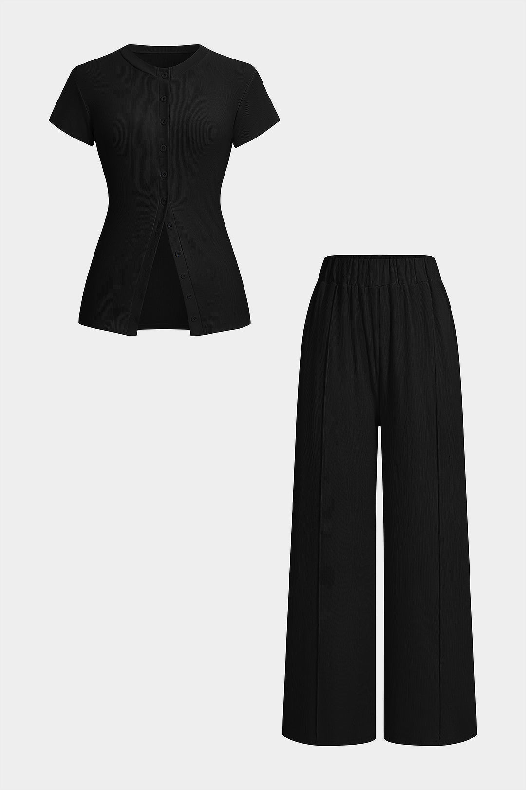 Einfarbiges Oberteil mit Rundhalsausschnitt und kurzen Ärmeln mit Knopfleiste und Hose mit hoher Taille