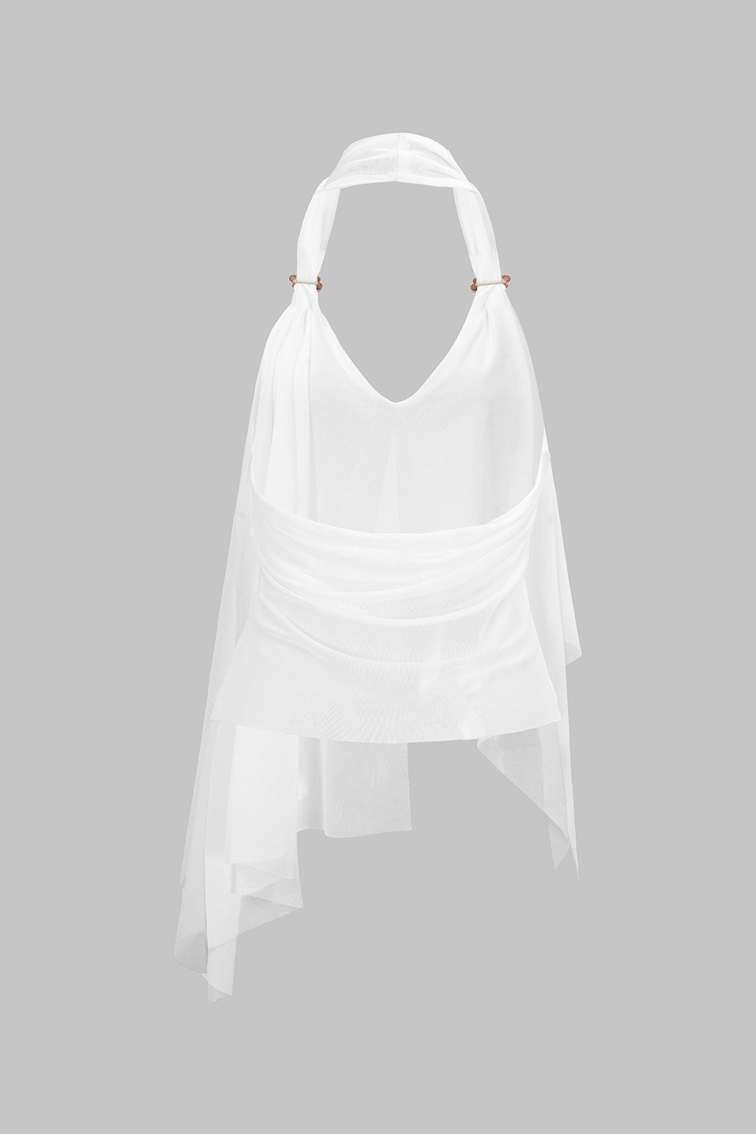 Mesh-Neckholder-Top mit V-Ausschnitt, asymmetrischem Rücken und Raffungen