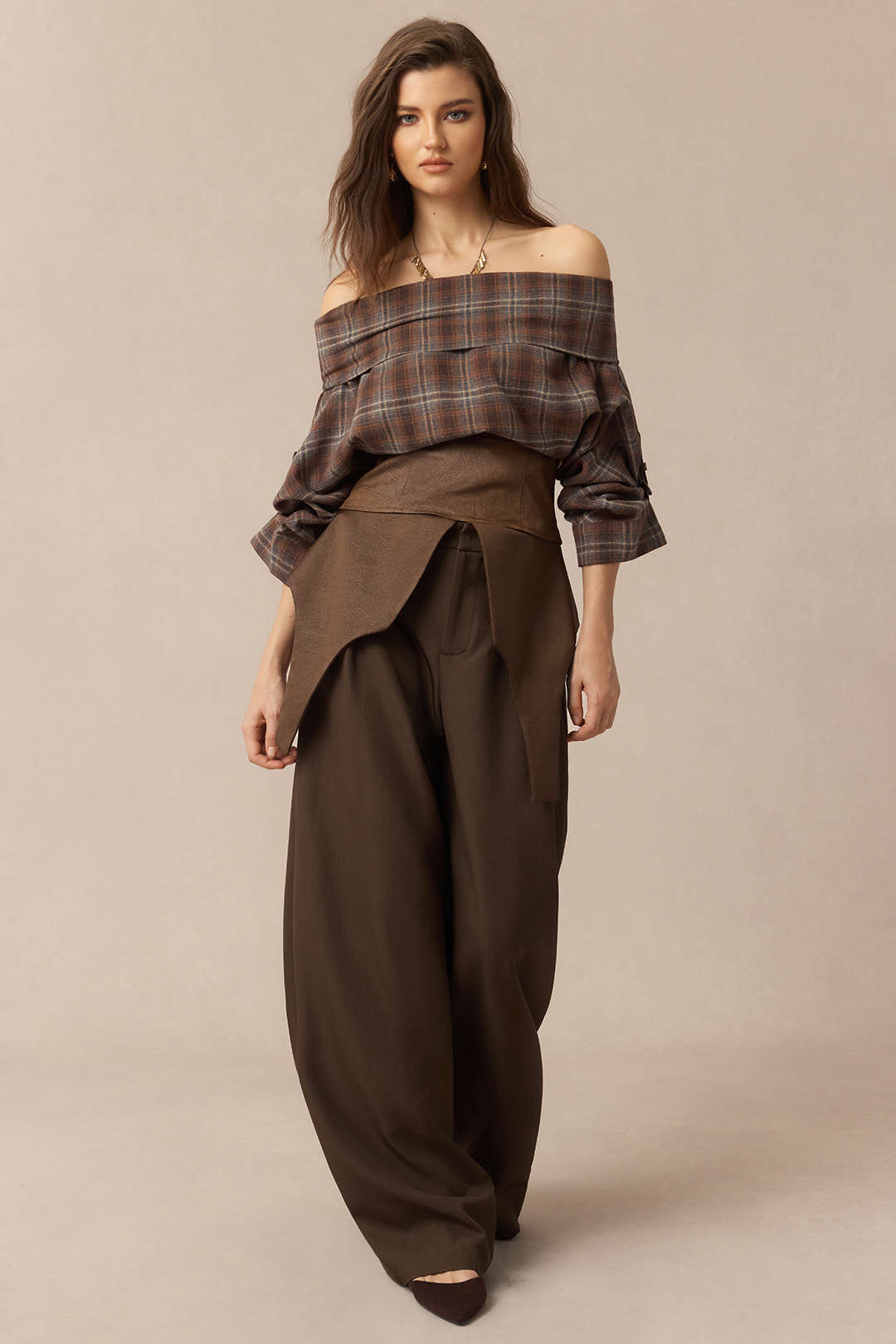 Plaid-Print-Satin-Patchwork-Off-Shoulder-Reißverschluss-Langarm-Hemd