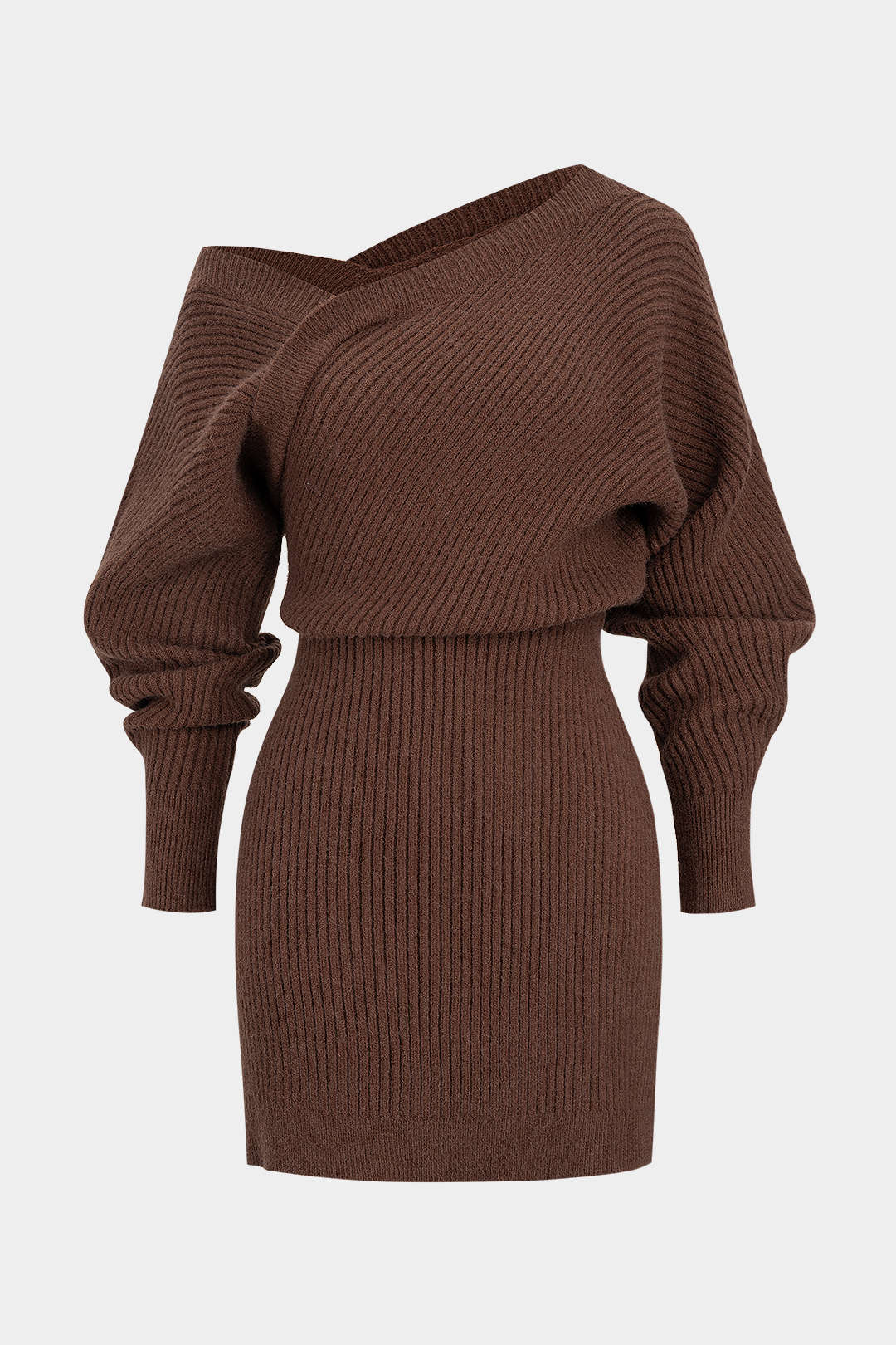 Geripptes Mini-Strickkleid mit asymmetrischem Ausschnitt und langen Ärmeln