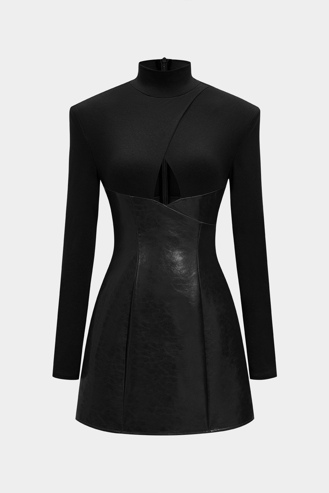 Mock Neck Faux Leather Patchwork Cut Out Long Sleeve Mini Dress