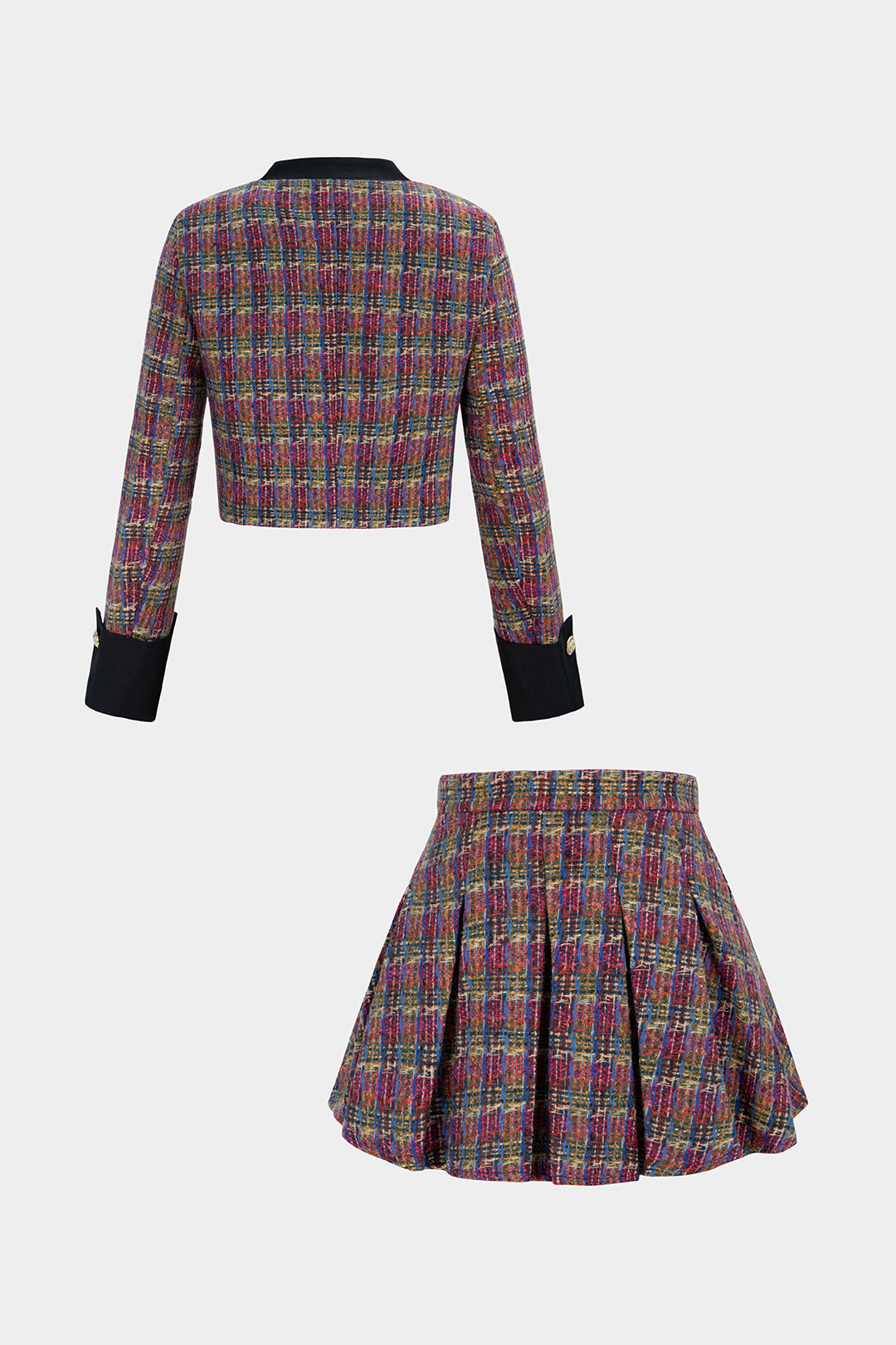 Ensemble Veste à Poches Boutonnées en Tweed Patchwork et Mini-Jupe Plissée