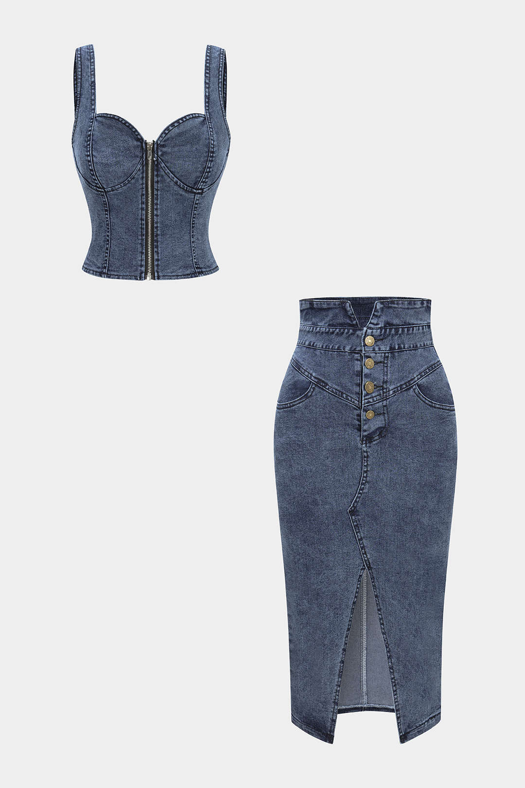Jeans-Cami-Top mit Reißverschluss und Rock-Set mit geknöpften Taschen