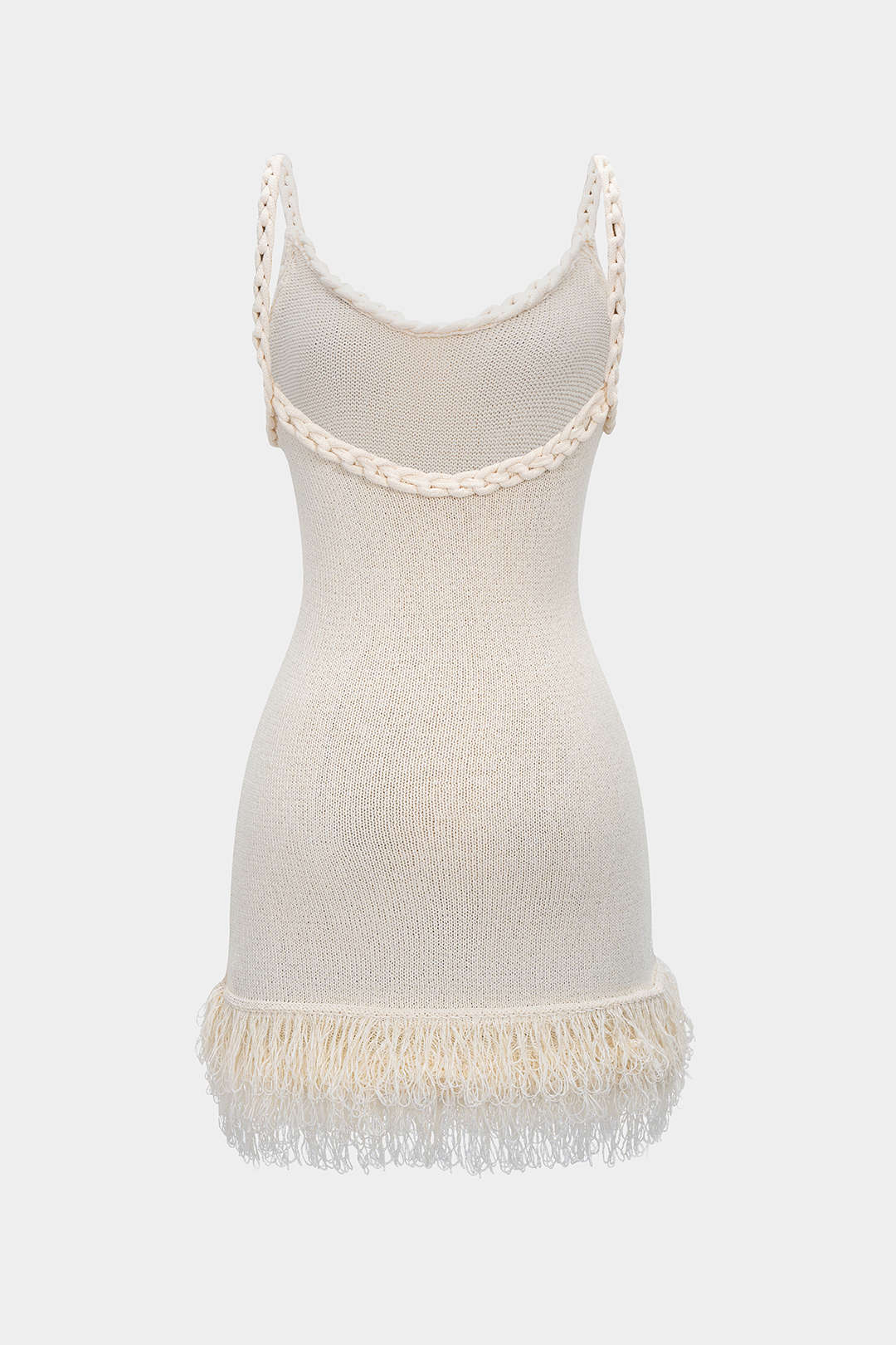 Robe Courte Sans Manches Dos Nu Tressé à Franges en Maille Ajoutée