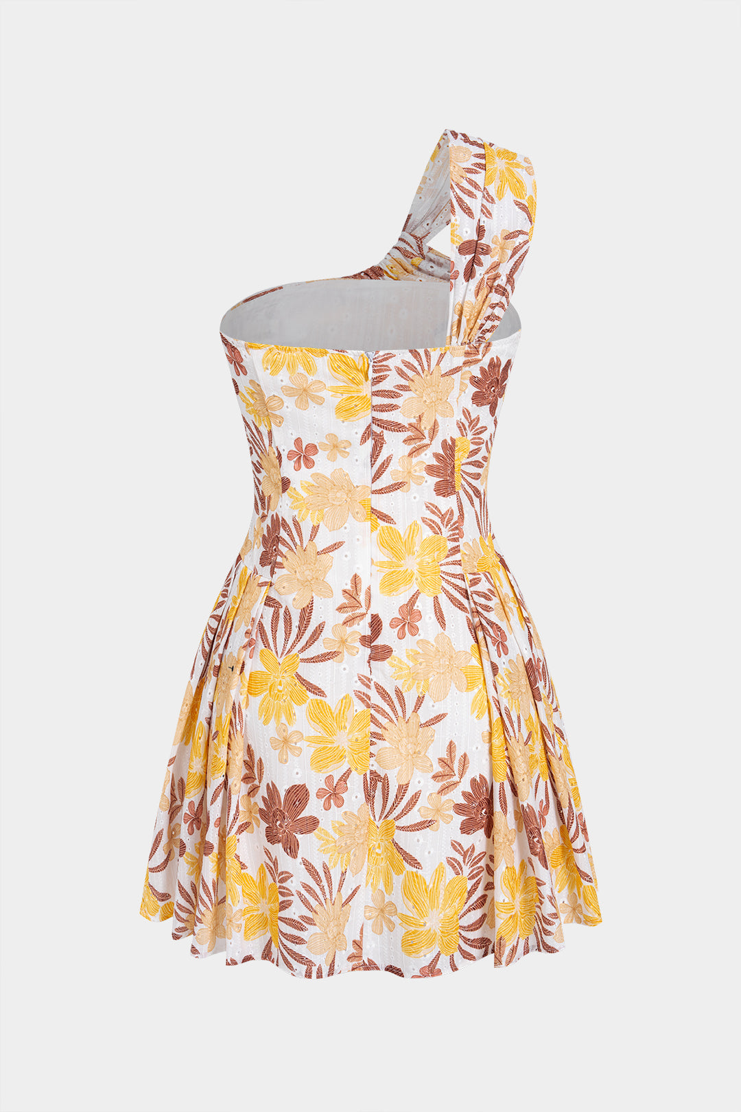 Geblümtes, schulterfreies, gerafftes, ärmelloses Minikleid