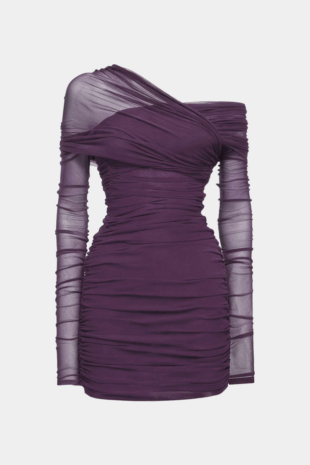 Transparenter Mesh-Minikleid mit One-Shoulder-Träger, langen Ärmeln und Raffung