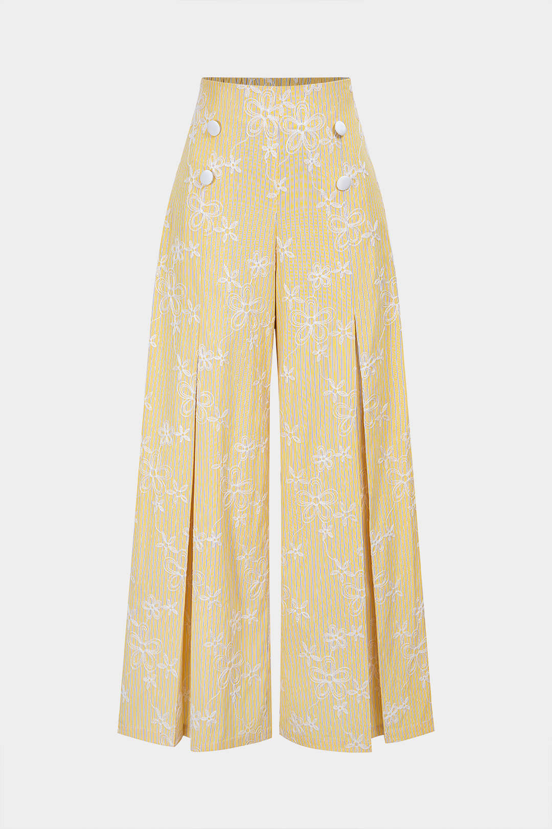 Gestreifte Hose mit Blumenmuster, texturiertem gerafftem Bund und geknöpftem, gerafftem weitem Bein