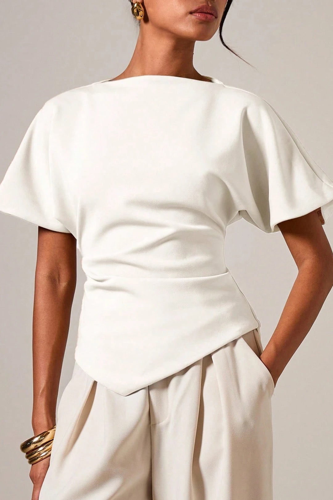 Solid Asymmetrical Ruched Short-Sleeve Shirt