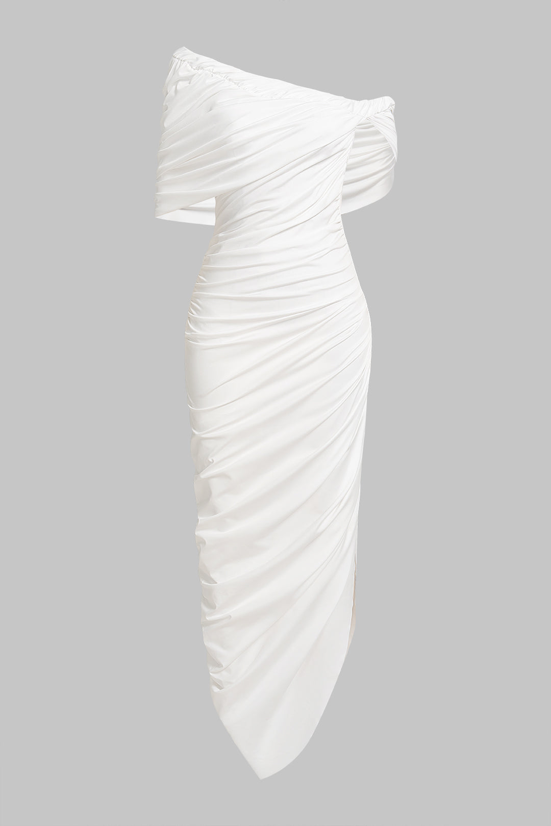 Robe midi asymétrique ruchée sans manches à épaules dénudées