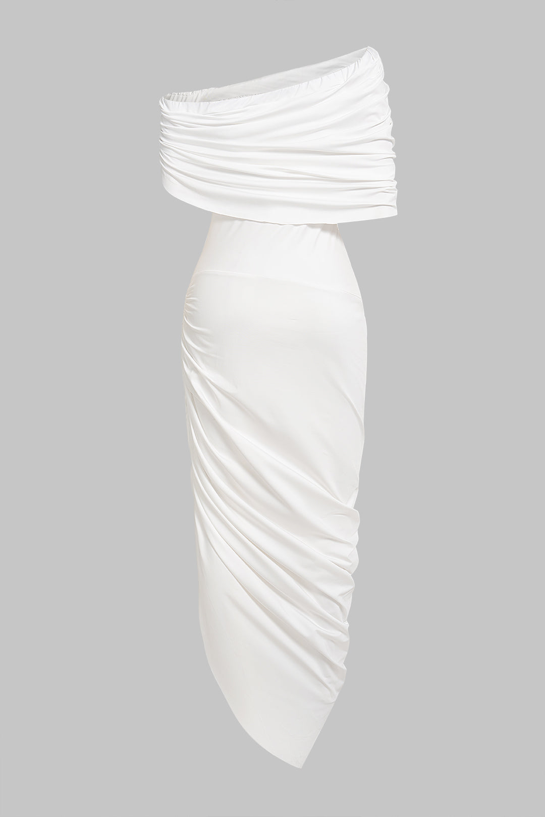 Robe midi asymétrique ruchée sans manches à épaules dénudées
