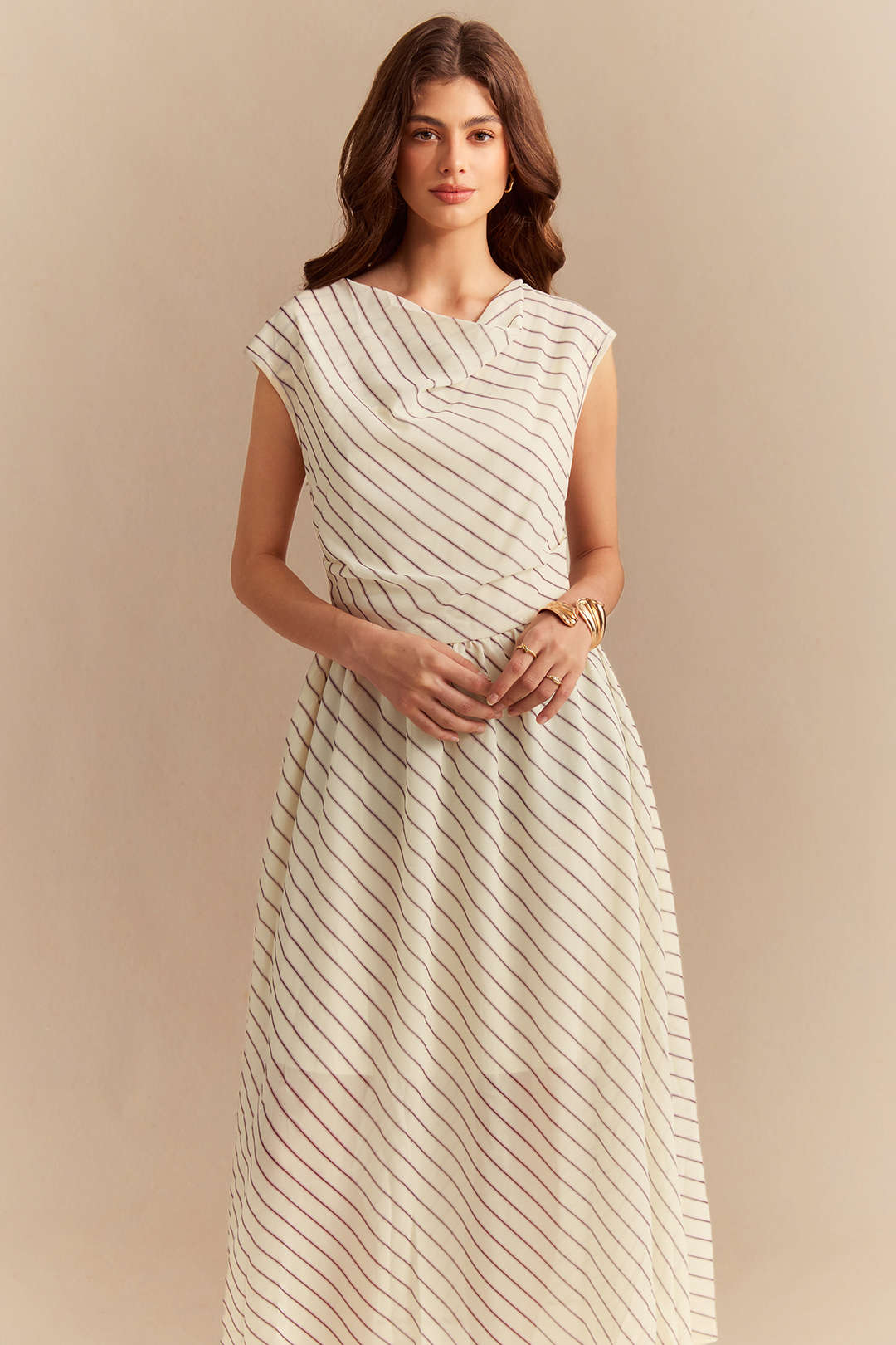 Stripes Print Chiffon Draped Cowl Neck Sleeveless Maxi Dress