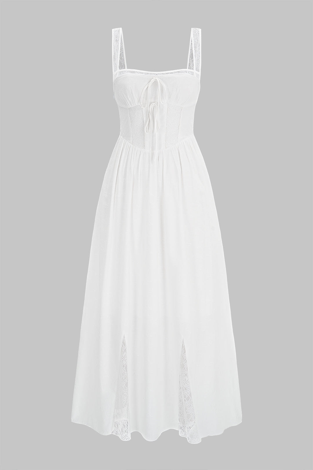 Robe midi froncée sans manches à découpes et attaches, ornée de dentelle