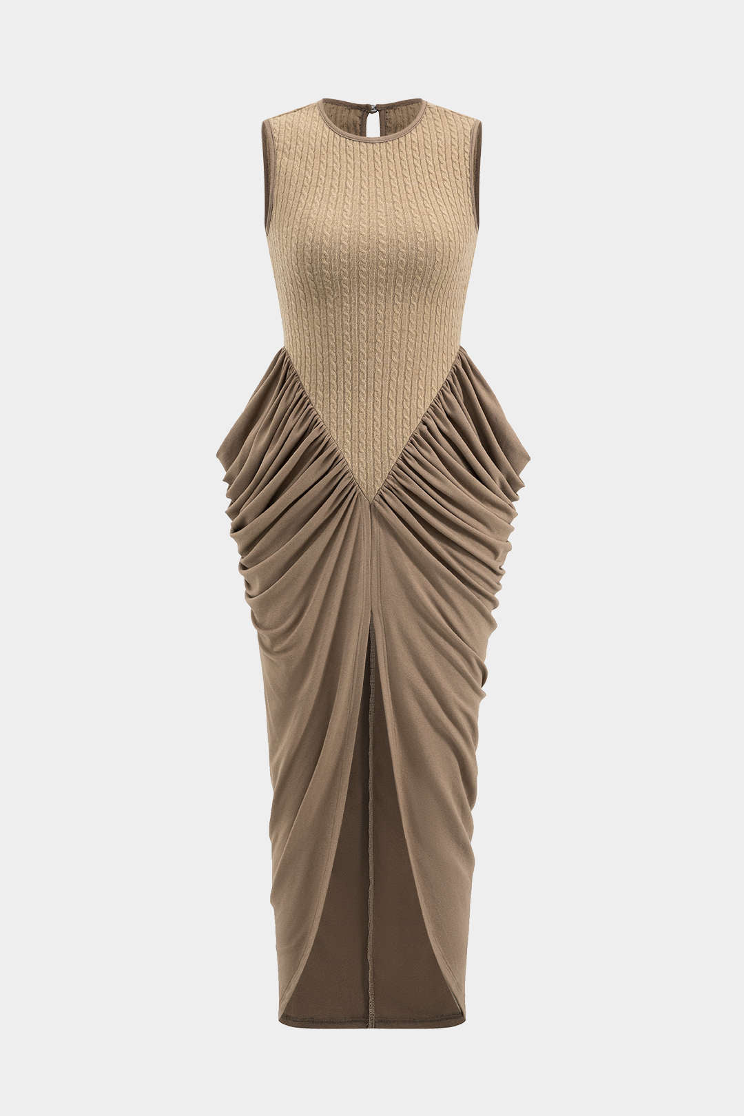 Robe longue sans manches froncée à col rond et fente