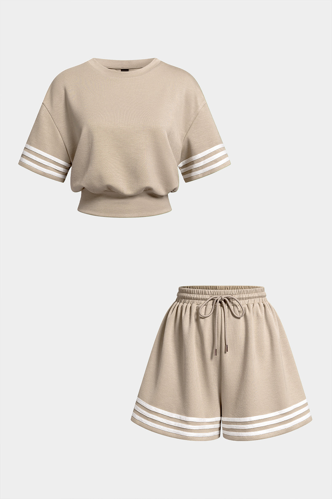 Striped Round Neck Short Sleeve T-Shirt And Drawstring Tie-Up Shorts Set