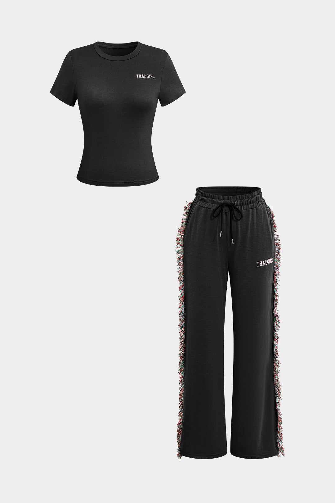 Ensemble T-shirt Imprimé Lettres Et Pantalon À Cordon De Serrage Avec Pompom