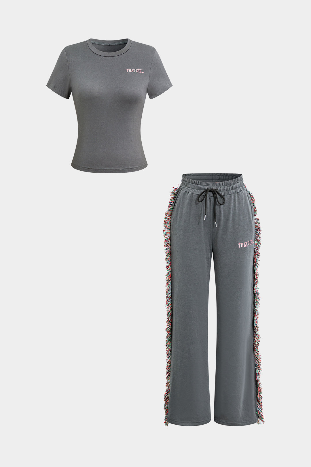 Ensemble T-shirt Imprimé Lettres Et Pantalon À Cordon De Serrage Avec Pompom