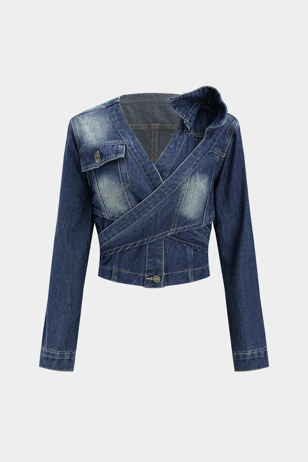 Denim-Oberbekleidung mit überkreuztem Rückenausschnitt und asymmetrischem Saum
