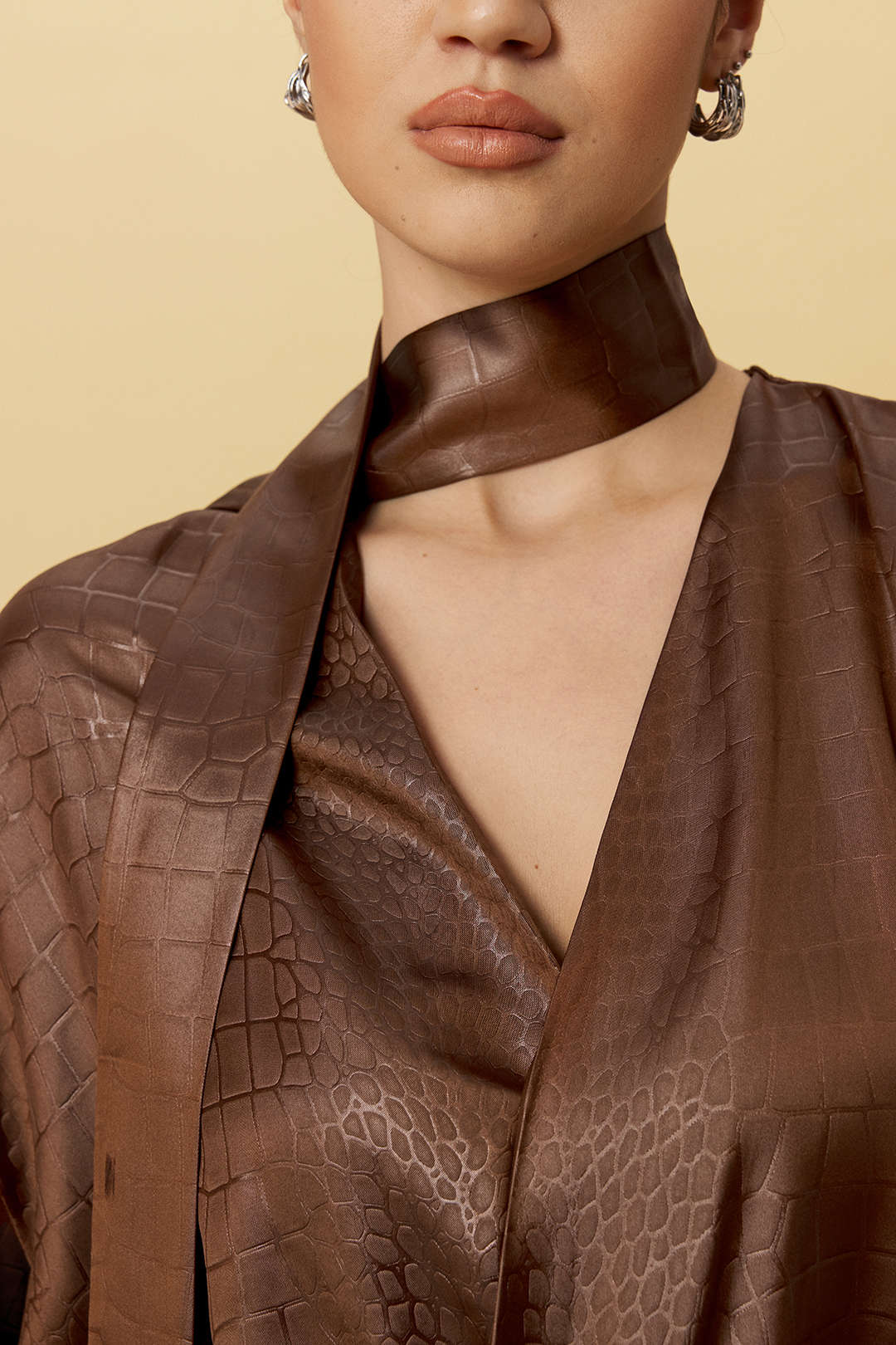 Satin Texture Ruched Long-Sleeve Top With Scarf