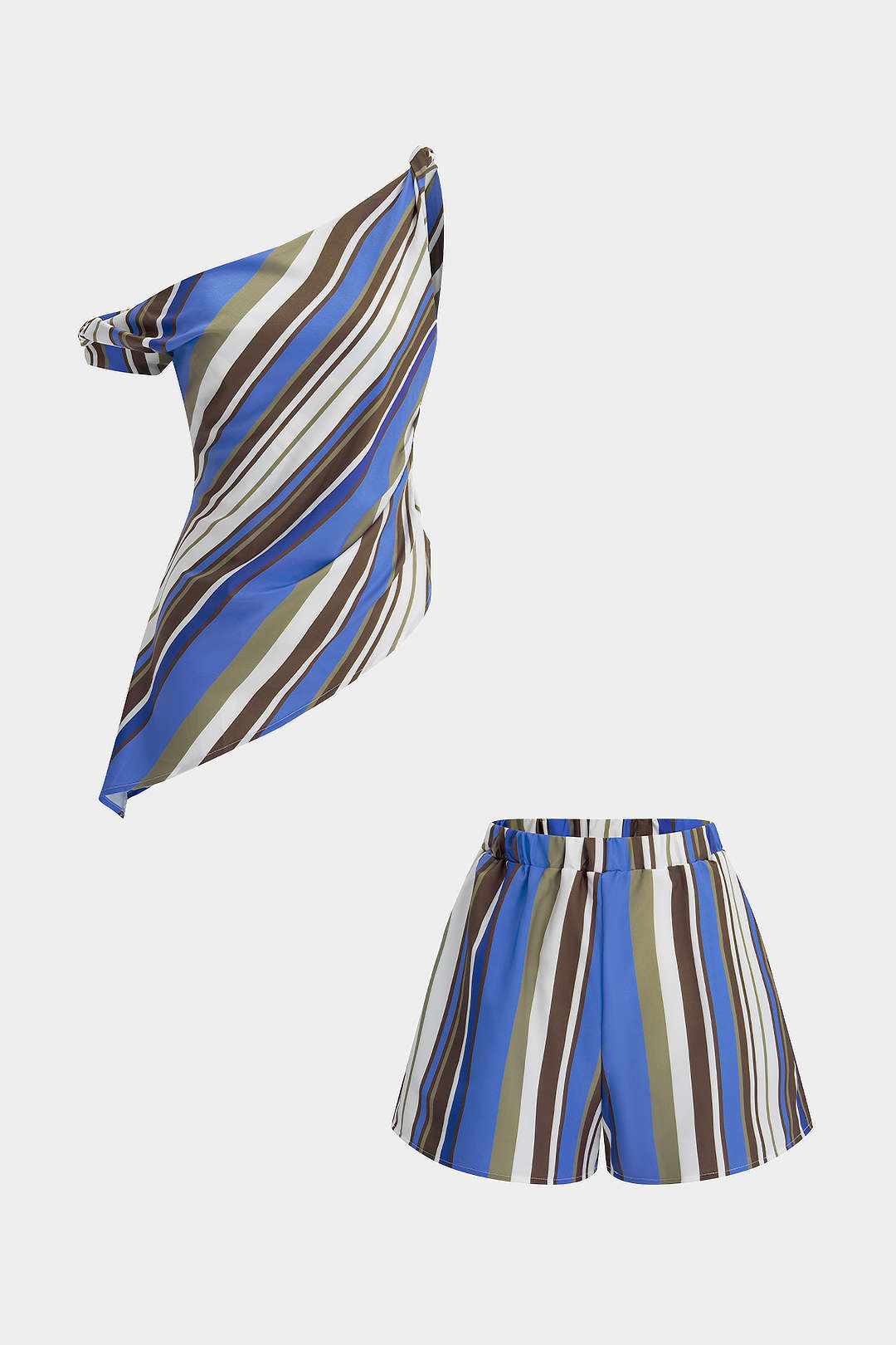 Gestreifter Ein-Schulter-Twist-Knoten-Tanktop und Shorts-Set