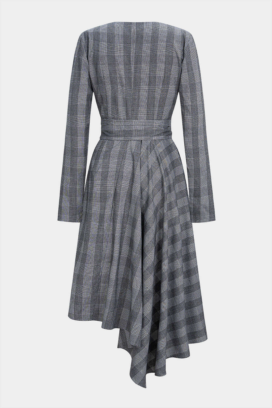 Kariertes Midi-Kleid mit V-Ausschnitt, Knoten, Raffungen, asymmetrischem Saum und langen Ärmeln