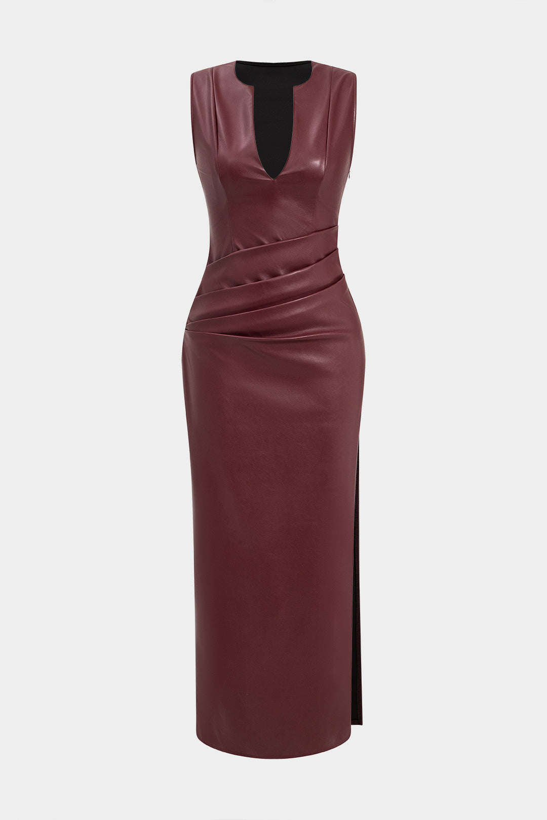 Robe longue froncée en similicuir à col en V