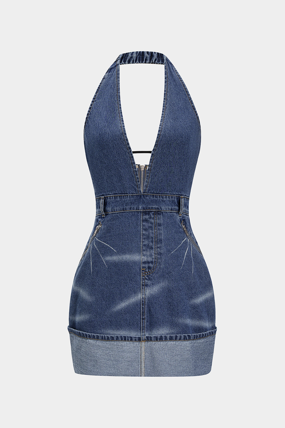 Denim Backless Washed Zipper Halter Mini Dress