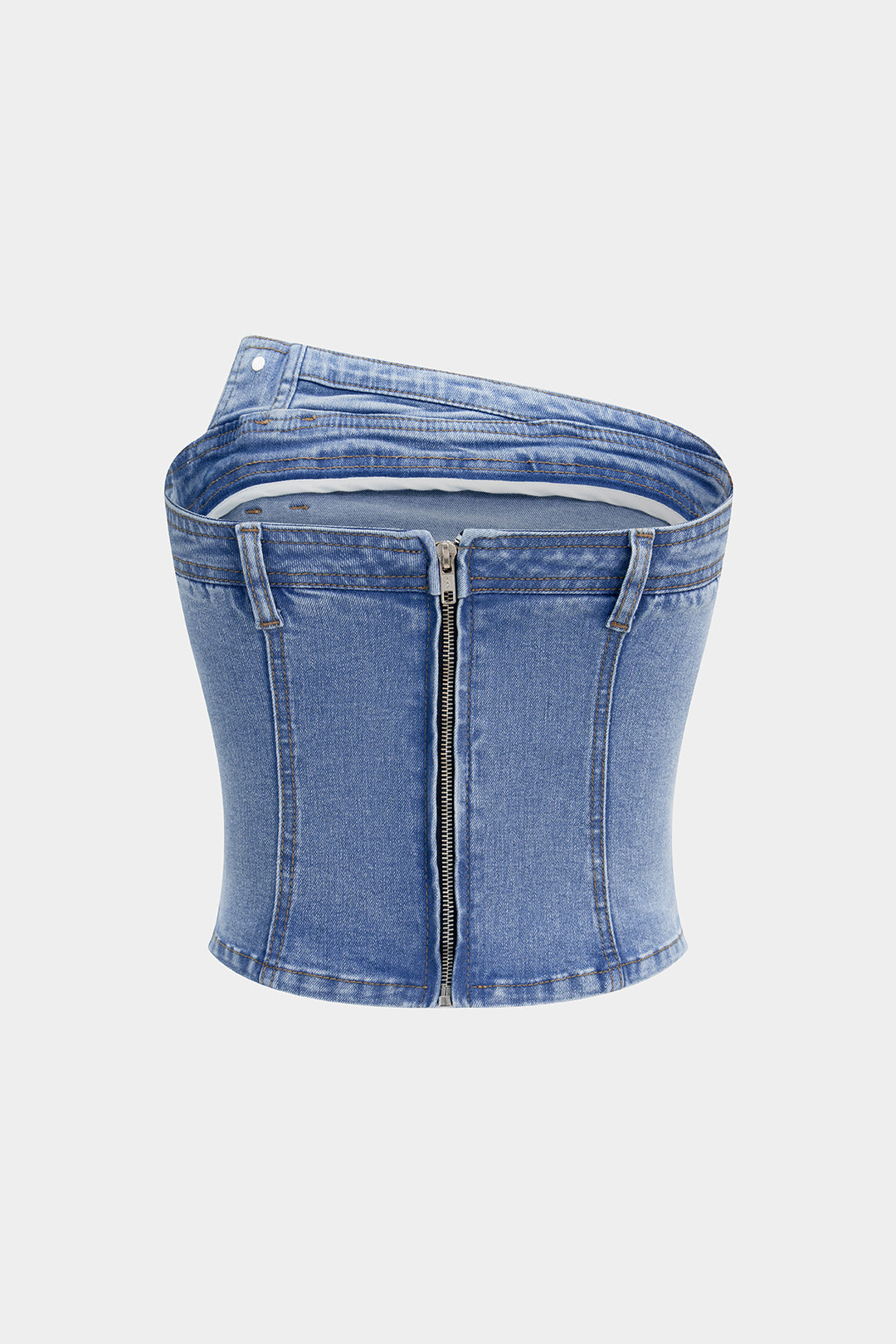 Denim Ruched Asymmetrical Strapless Tube Top