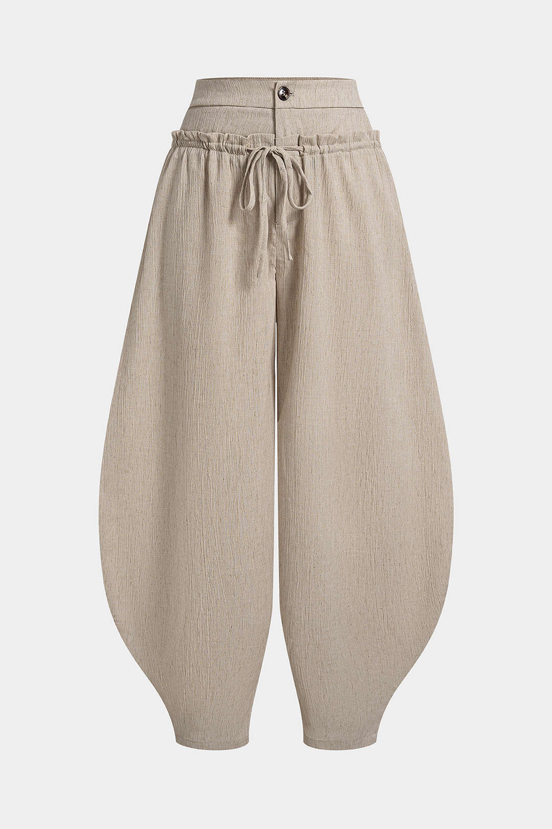 Linen Tie-Up Double Waistband Ruched Pants