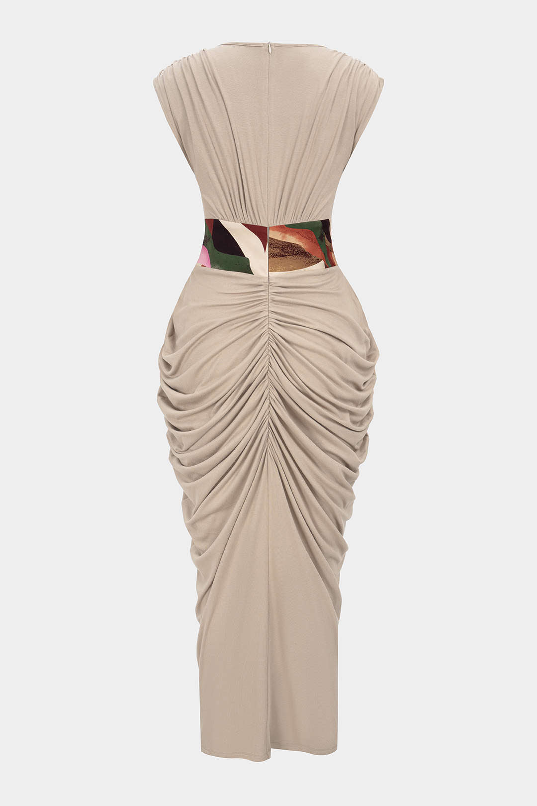 Robe longue sans manches à col en V zippé froncé et imprimé abstrait