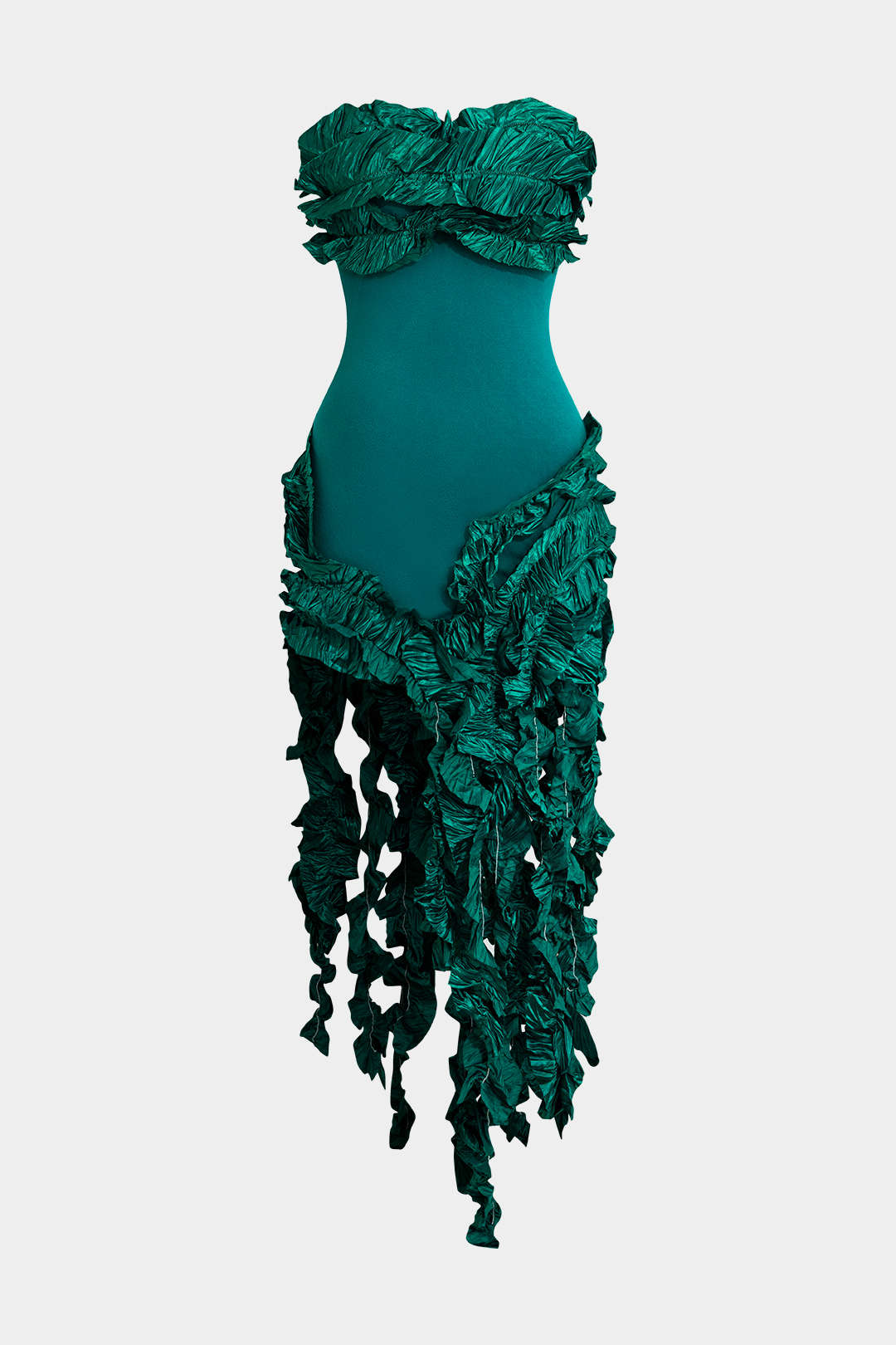 Robe midi bustier à volants et franges