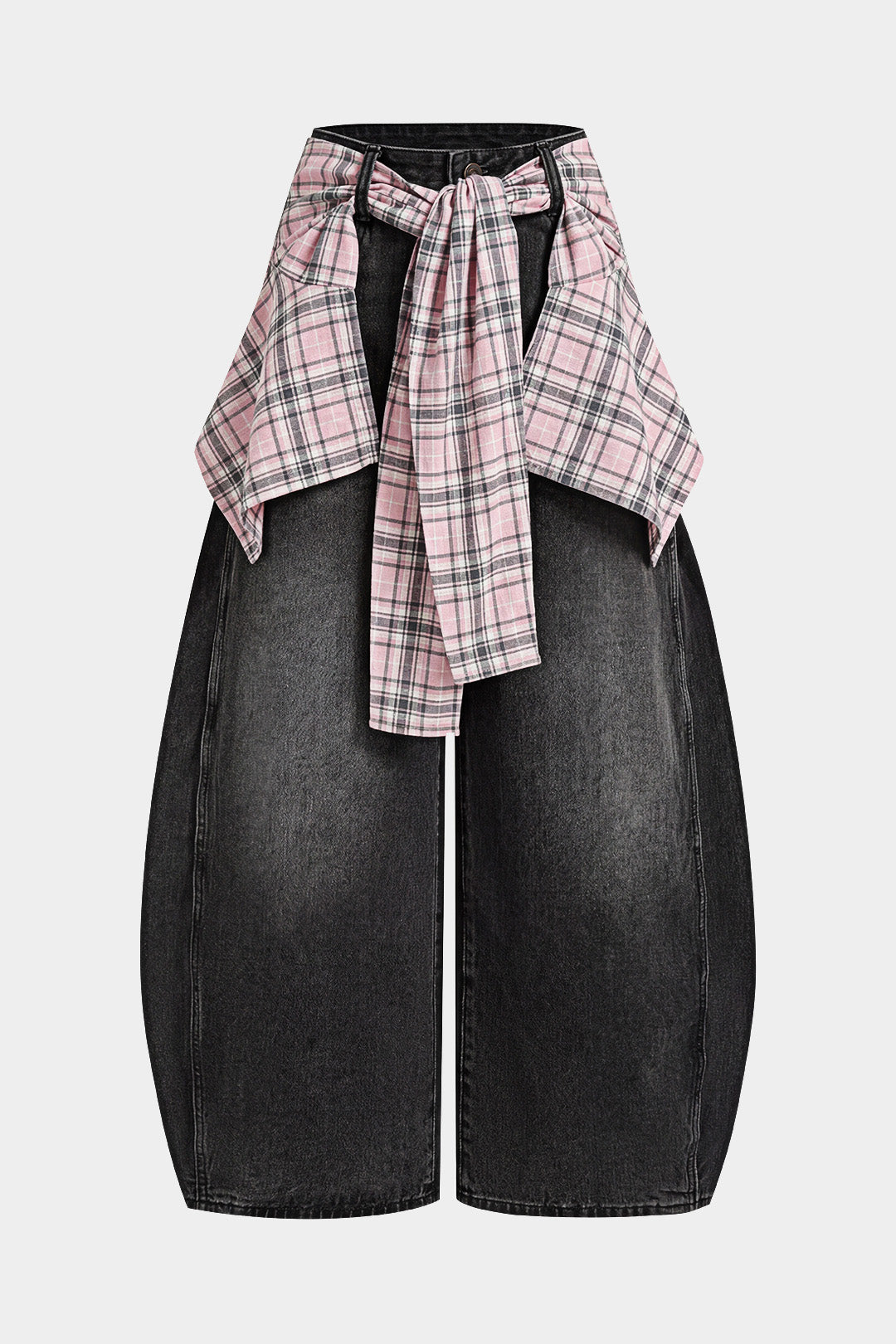 Denim Plaid Print Tie-Up Pocket High Waist Jeans