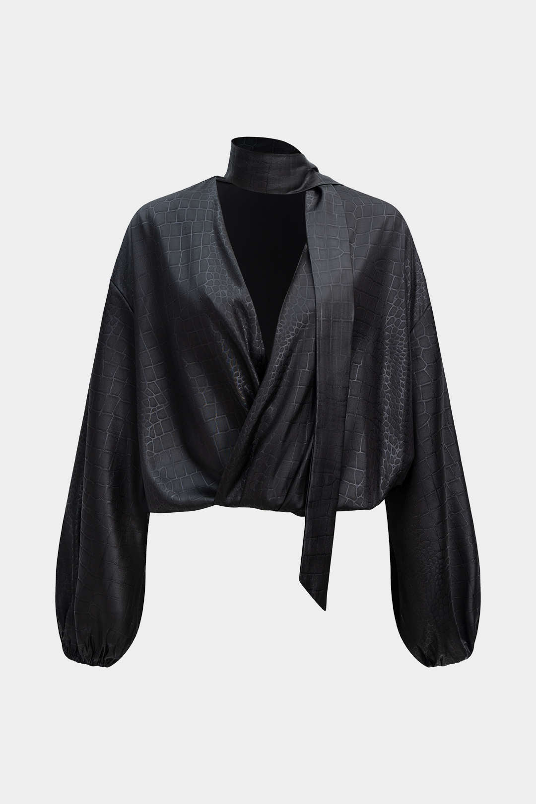 Satin Texture Ruched Long-Sleeve Top With Scarf