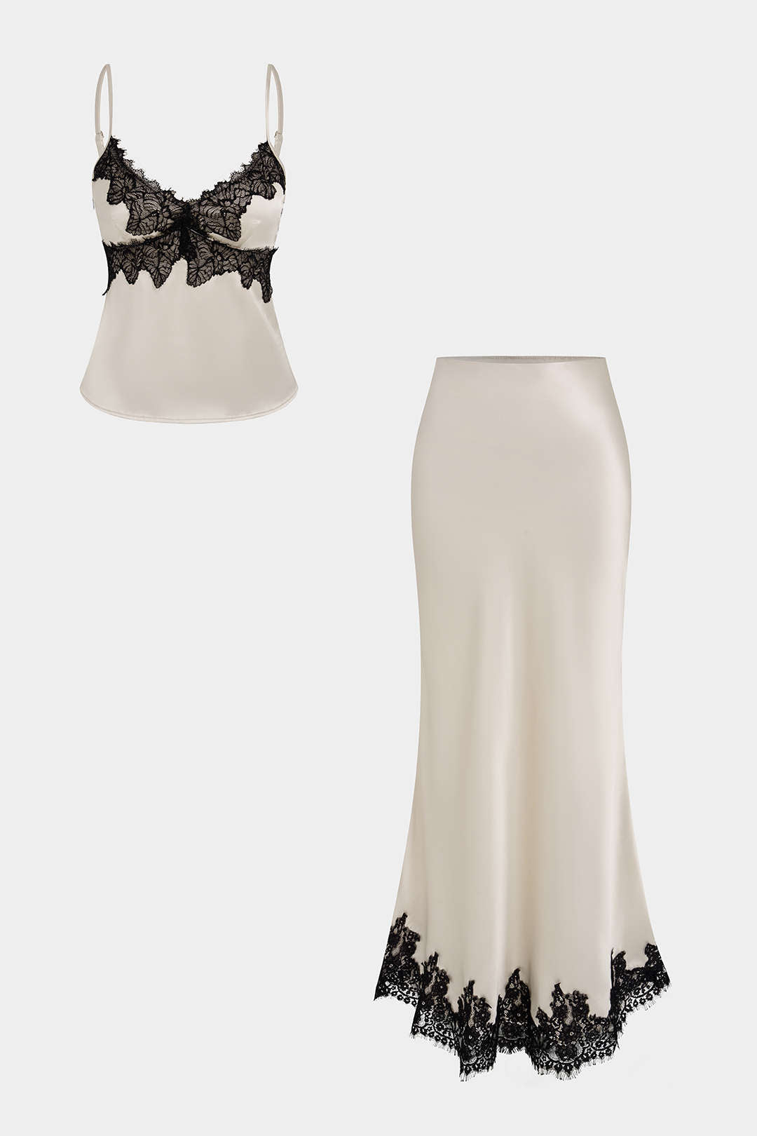 Satin-Patchwork-Spitzenbesatz-Cami-Top und Rock-Set