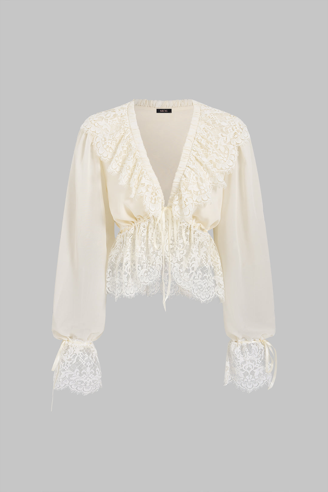 Chiffon-Patchwork-Langarmshirt mit Spitzenbesatz und Tunnelzug