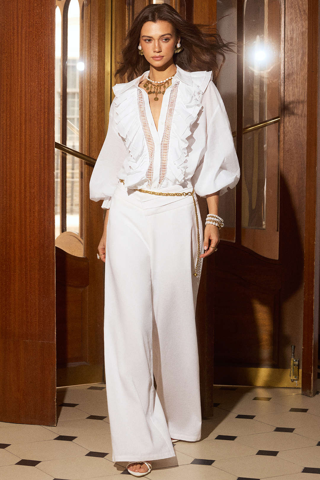 V-Neck Hollow Out Ruffle Bell Long-Sleeve Shirt