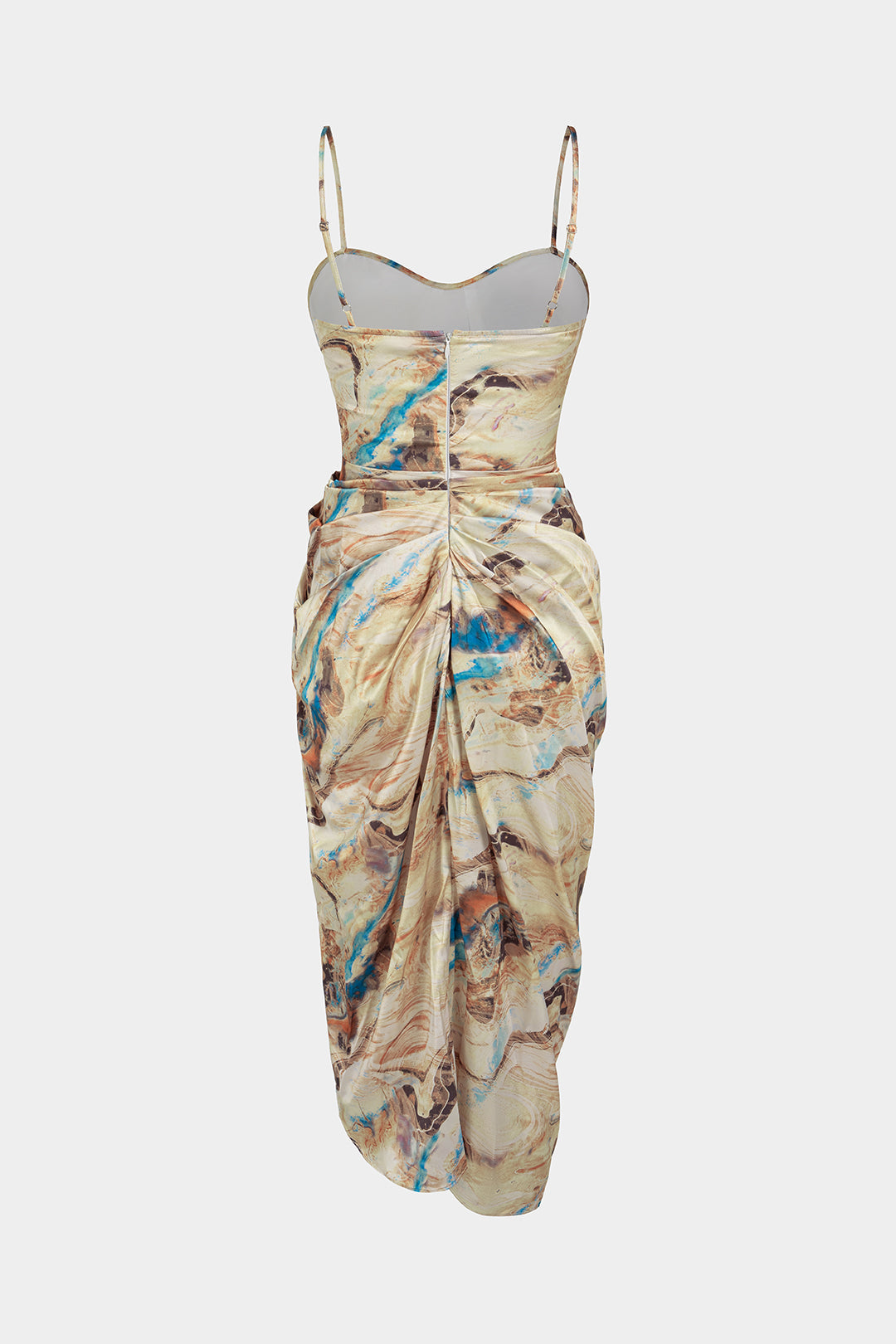 Midi-Kleid mit Marmor-Print aus Satin, Korsett und gerafftem Oberteil ohne Ärmel