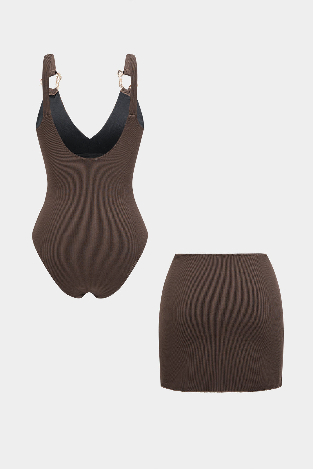 Ensemble body métallisé col V et jupe asymétrique froncée