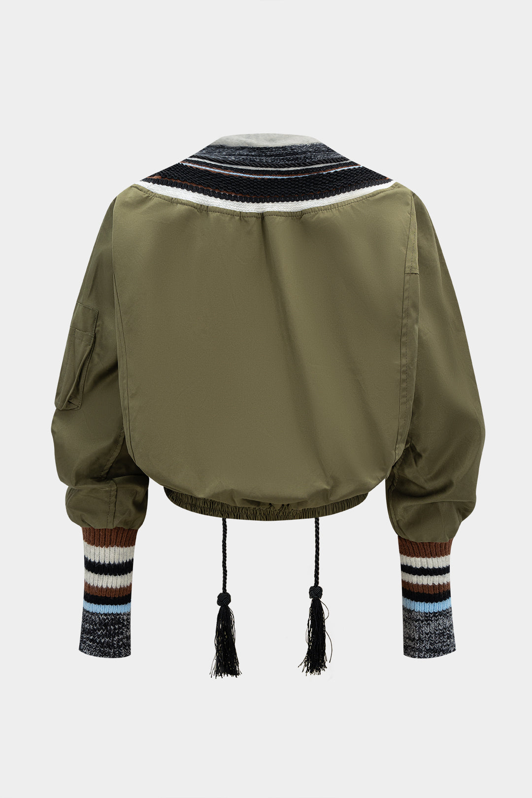 Knit Patchwork V-Neck Studded Fringe Decor Puffer