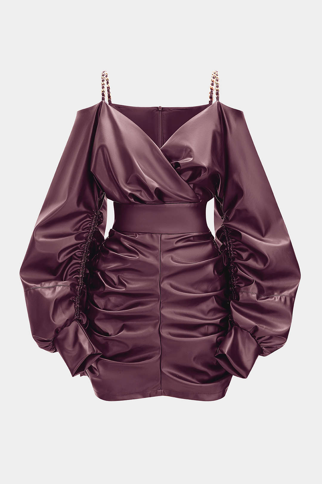 Faux Leather Metallic Chain Crossed Ruched Long Sleeve Mini Dress