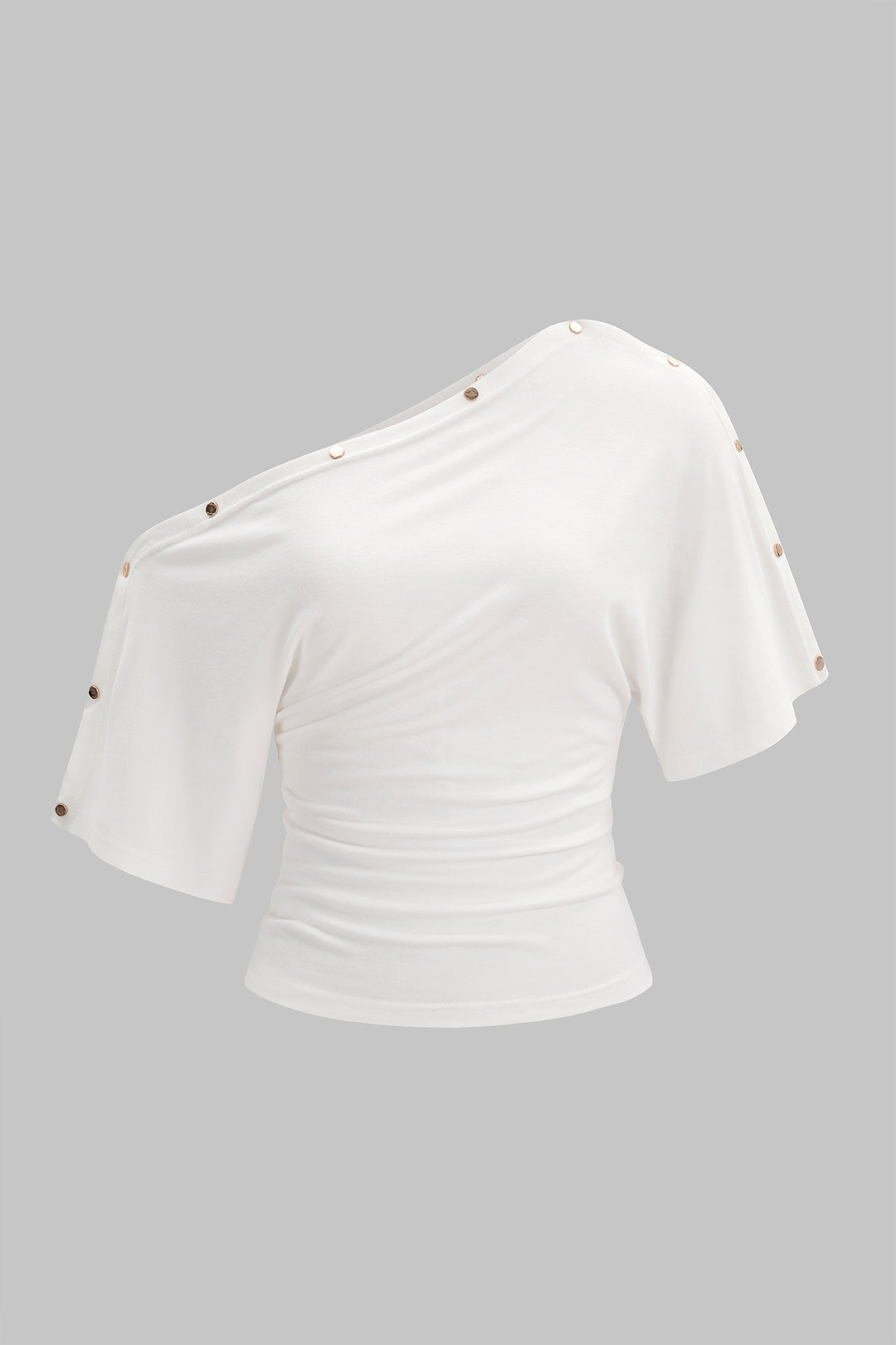 One Shoulder Metallic Button Short Sleeve T-Shirt