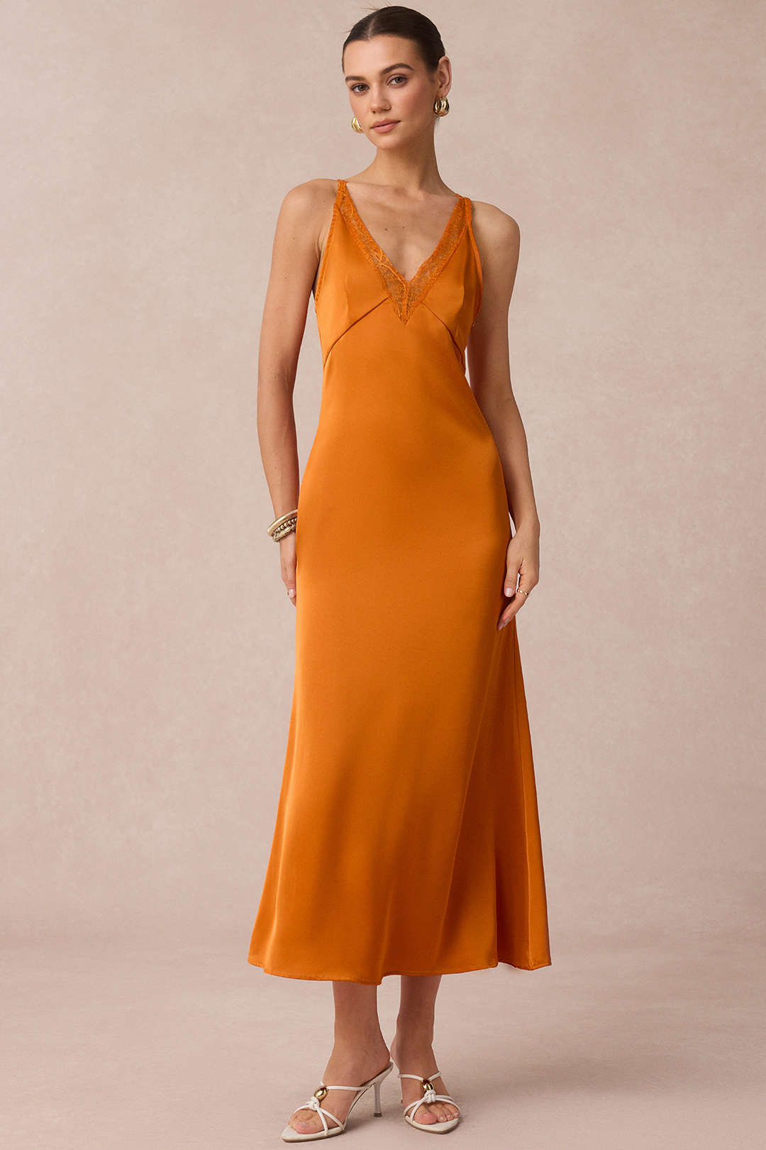 Satin Patchwork Lace V-Neck Slip Sleeveless Maxi Dress