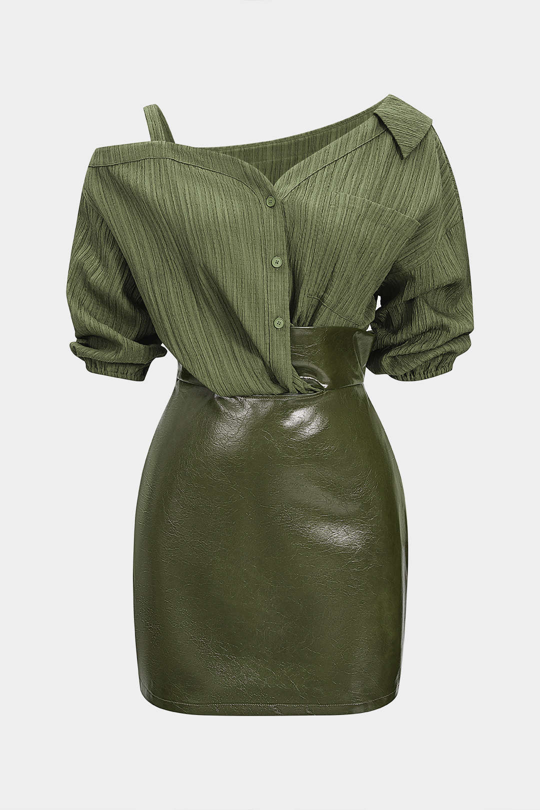 Faux Leather Patchwork Asymmetrical Short Sleeve Mini Dress