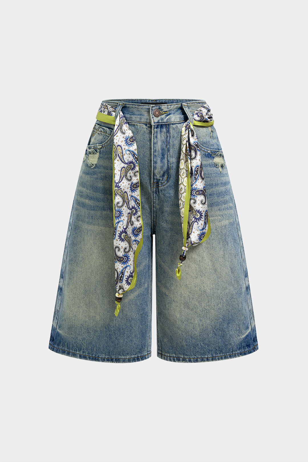 Denim Artistic Print Tie-Up Straight Leg Shorts