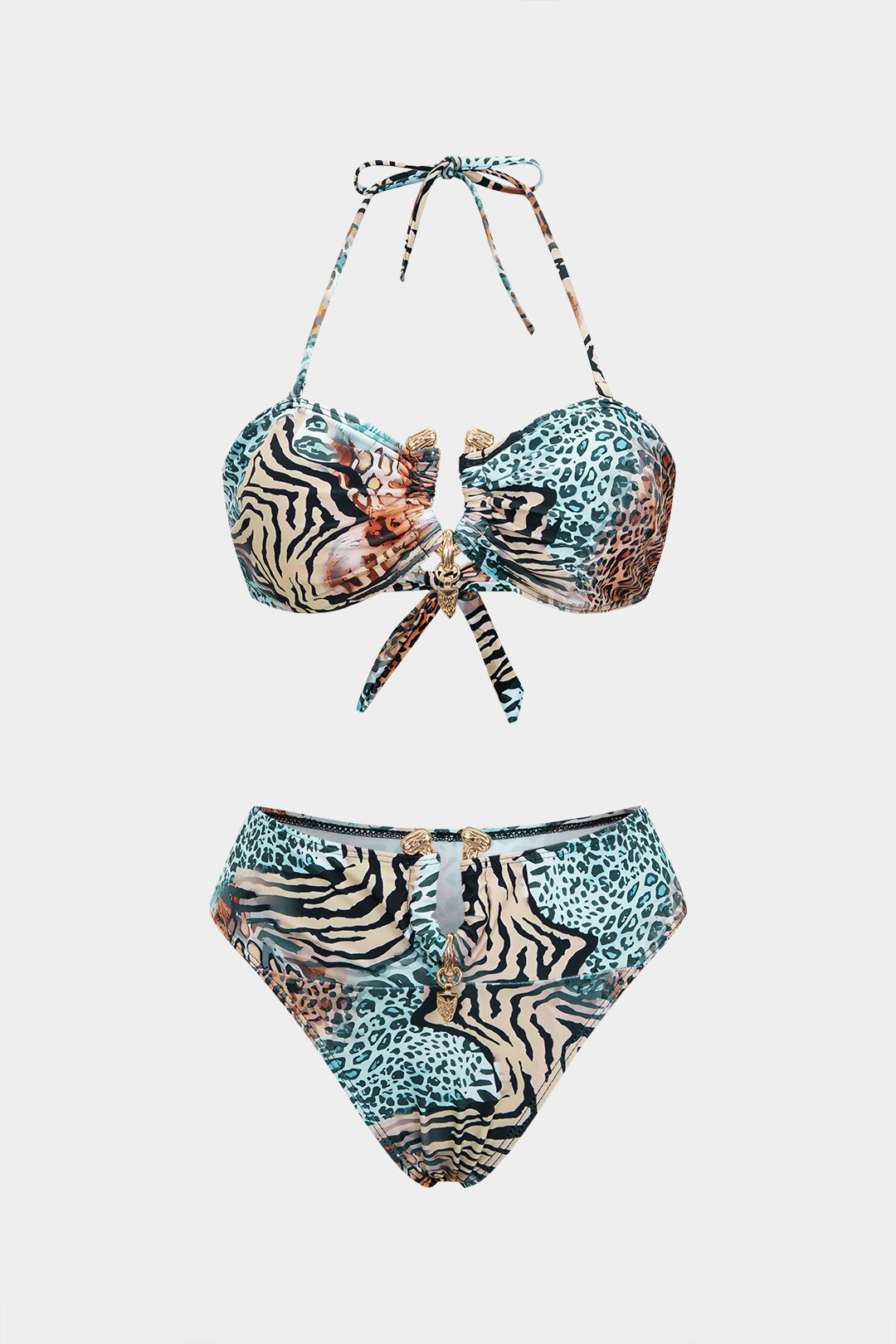 Leopard Print Metallic Decor Halter Tie Back Bikini Set