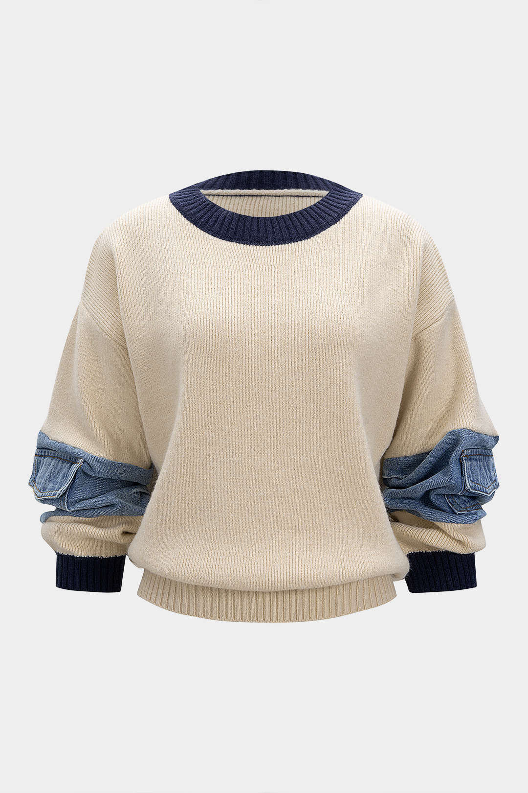 Strick-Denim-Patchwork-Langarmtop mit Kontrastrippen