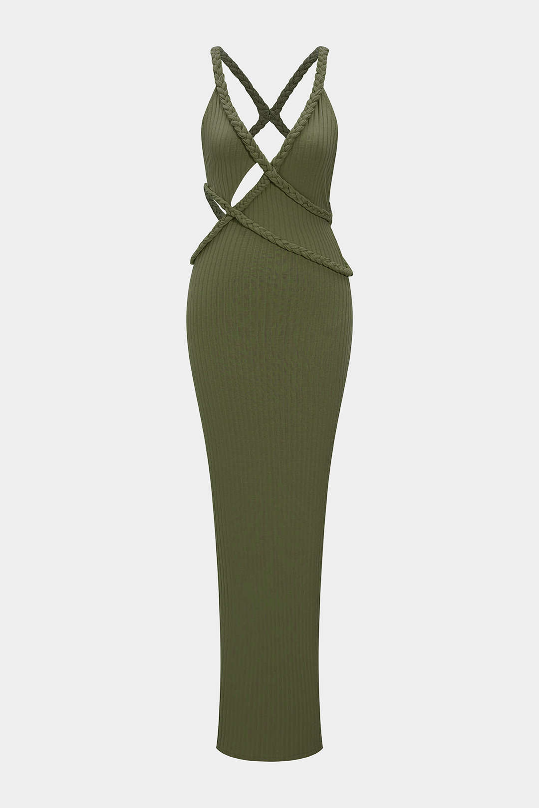 Robe longue asymétrique sans manches et dos nu tressé